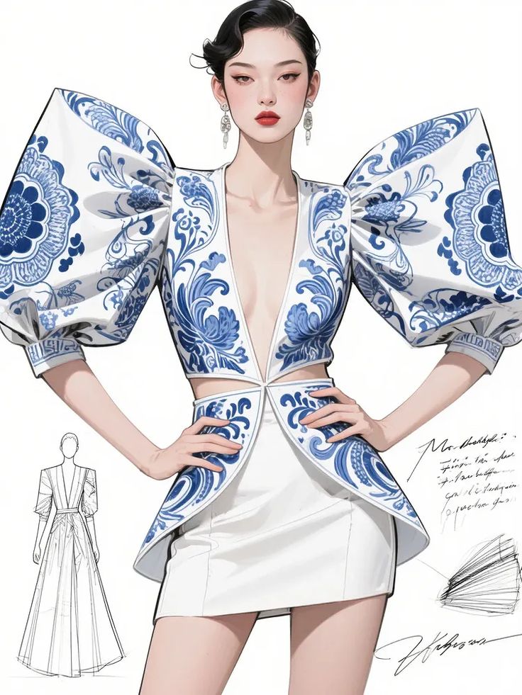 Fashion illustration featuring a model in a white dress with bold blue floral designs and dramatic puffed sleeves.
