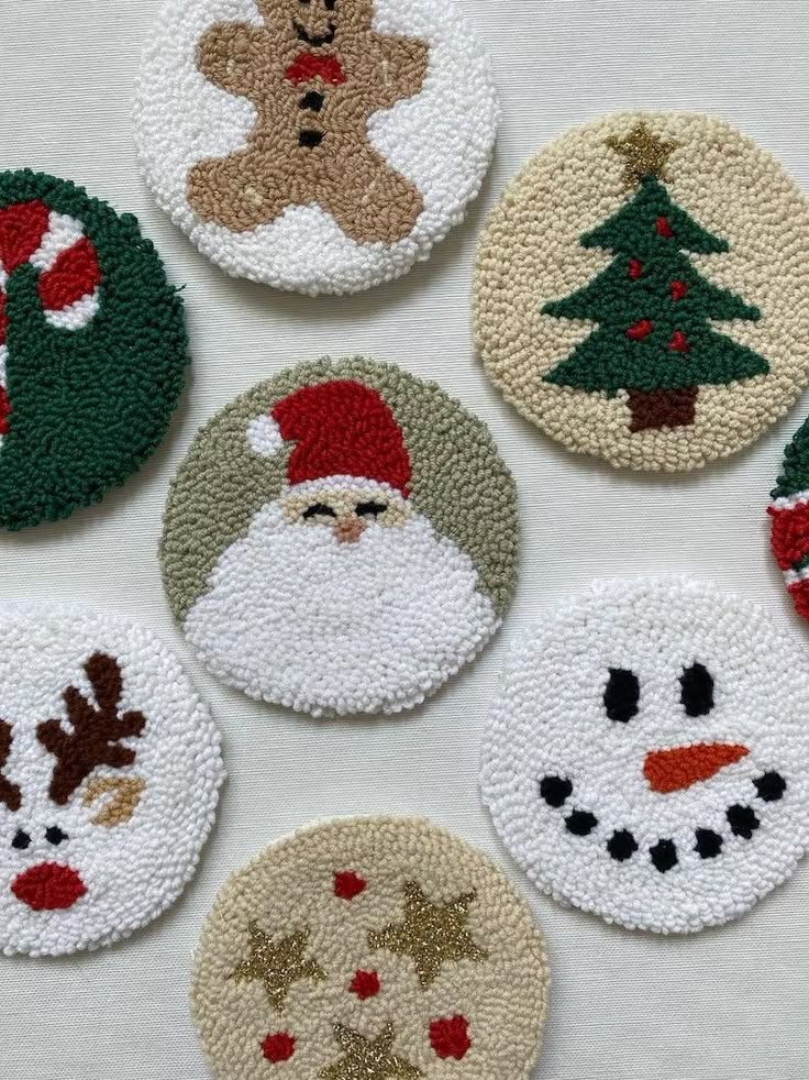 _ 1 Festive Christmas punch needle coasters featuring Santa, snowman, reindeer, tree, cookie, and gingerbread designs. | Sky Rye Design Festive Christmas punch needle coasters featuring Santa, snowman, reindeer, tree, cookie, and gingerbread designs.