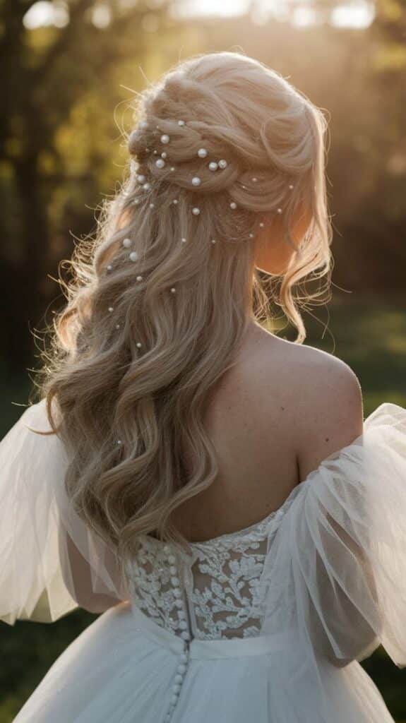 Bride with long, wavy blond hair adorned with pearls, wearing lace wedding dress in sunlight.