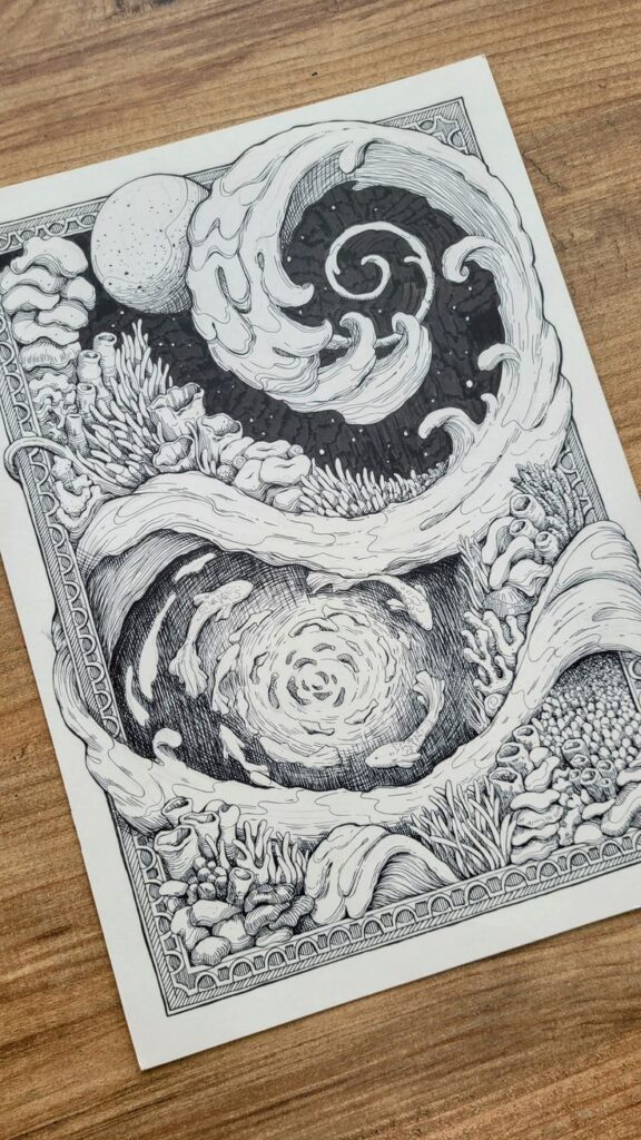 Intricate black and white ocean-themed ink illustration with waves, coral, and swirling patterns on wood surface.