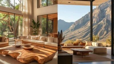 Luxurious open living room with wooden furniture and panoramic mountain view through large glass windows.