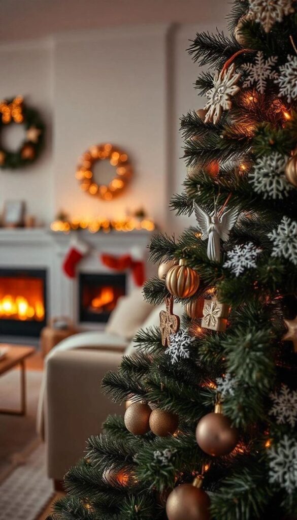 _ 1 Cozy living room with decorated Christmas tree and lit fireplace, creating a warm holiday ambiance. | Sky Rye Design Cozy living room with decorated Christmas tree and lit fireplace, creating a warm holiday ambiance.