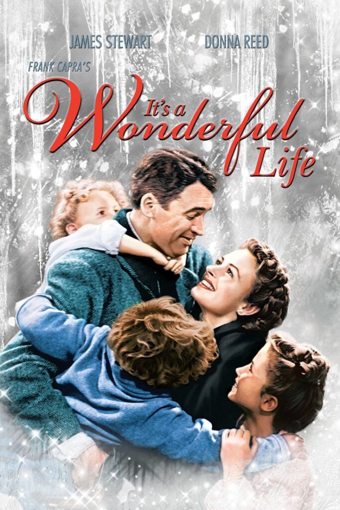 Family embraces on It's a Wonderful Life poster with icy background and classic film title in red script.
