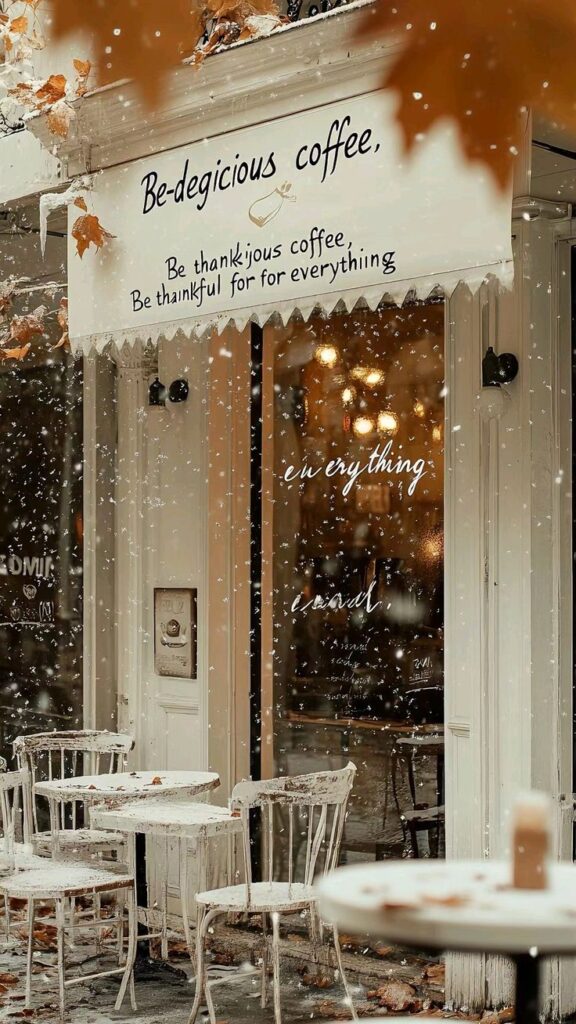 _ 1 Cozy coffee shop with outdoor seating, autumn leaves, and gentle snowfall creating a warm, inviting atmosphere. | Sky Rye Design Cozy coffee shop with outdoor seating, autumn leaves, and gentle snowfall creating a warm, inviting atmosphere.