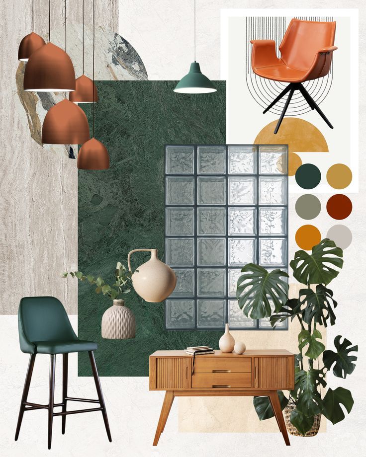 _ 1 Modern interior design collage with chairs, lamps, plants, and earthy tones for a stylish home decor inspiration. | Sky Rye Design Modern interior design collage with chairs, lamps, plants, and earthy tones for a stylish home decor inspiration.