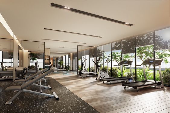 Modern gym interior with cardio and strength equipment, large windows, and natural light.