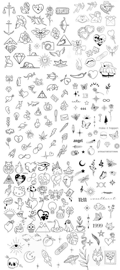 _ 10 Collection of minimalist tattoo designs featuring hearts, animals, flowers, and celestial symbols in black outlines. | Sky Rye Design Collection of minimalist tattoo designs featuring hearts, animals, flowers, and celestial symbols in black outlines.