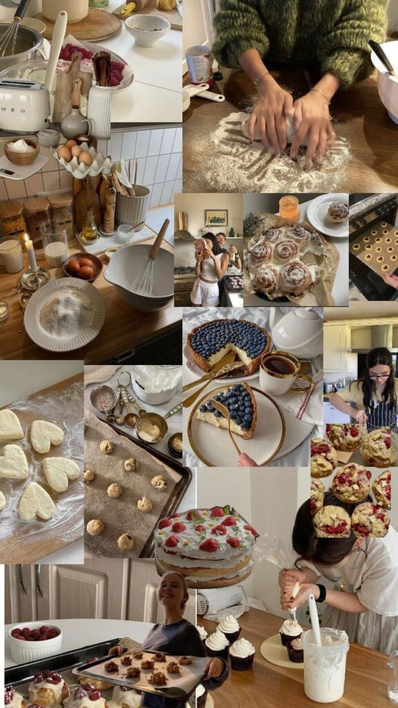 Collage of baking activities: kneading dough, decorating cupcakes, making cookies, preparing pastries in a cozy kitchen.