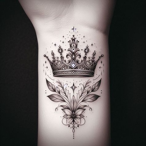 _ 10 Elegant crown and floral tattoo design on forearm, featuring intricate detailing and symmetrical patterns. | Sky Rye Design Elegant crown and floral tattoo design on forearm, featuring intricate detailing and symmetrical patterns.
