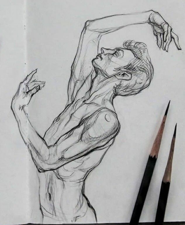 Sketch of a male dancer in an expressive pose with arms raised, accompanied by pencils on paper.