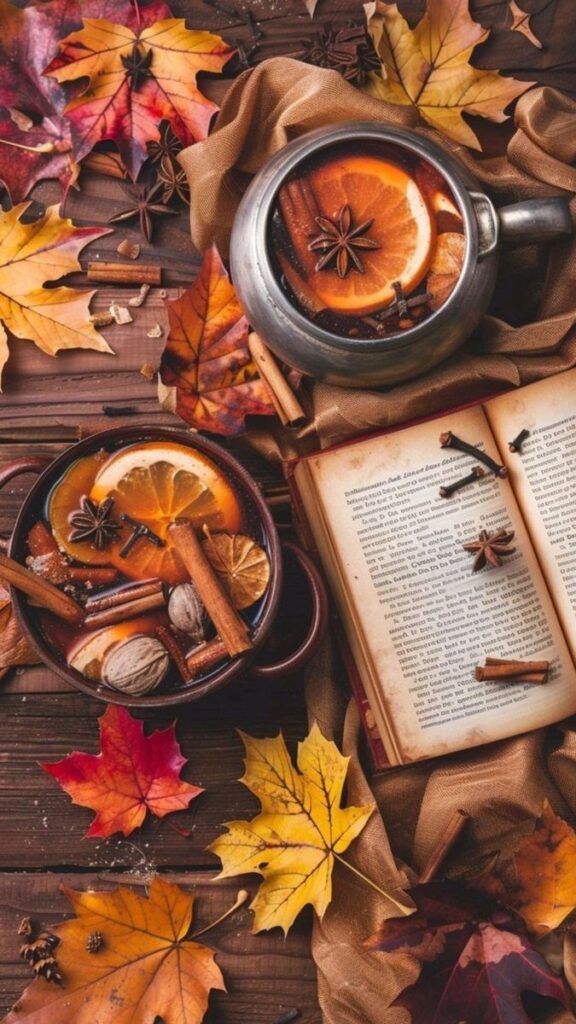 Cozy autumn scene with spiced tea, open book, and colorful leaves on a wooden table. Perfect for fall ambiance.