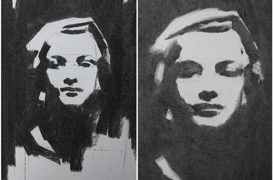 Black and white artwork showing two abstract portraits of a woman with closed eyes, emphasizing contrast and shadow.