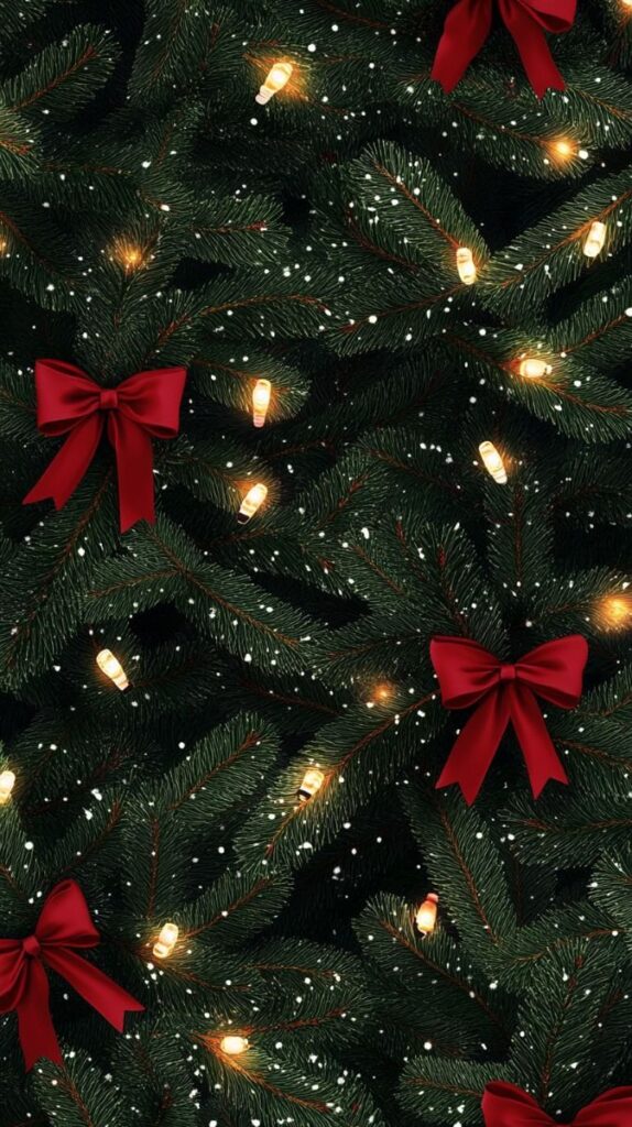 _ 10 Festive Christmas tree decorated with glowing lights and red bows, creating a cozy holiday atmosphere. | Sky Rye Design Festive Christmas tree decorated with glowing lights and red bows, creating a cozy holiday atmosphere.