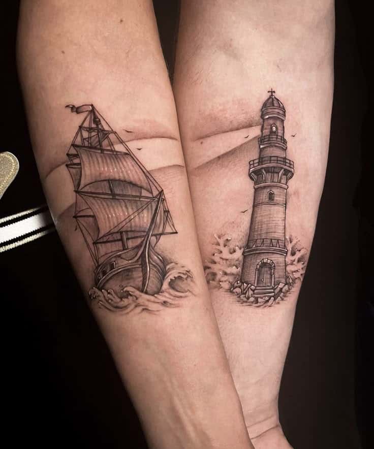 Forearm tattoos of a ship sailing through waves and a lighthouse, symbolizing adventure and guidance.