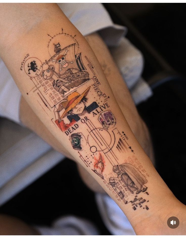 Intricate anime-themed tattoo featuring pirate symbols and character designs on a forearm.