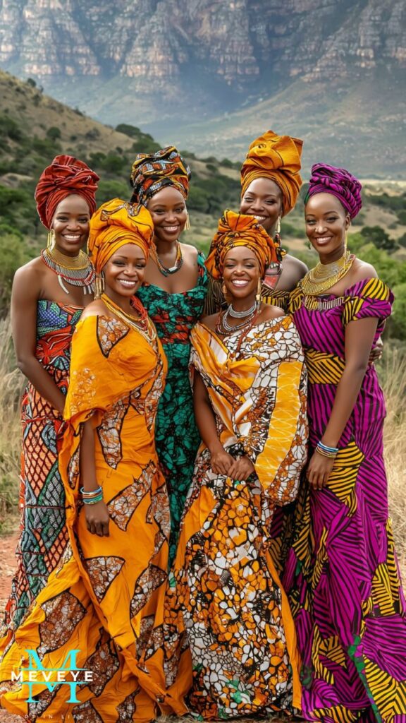 Group of women in colorful traditional African attire standing outdoors with scenic mountain backdrop.