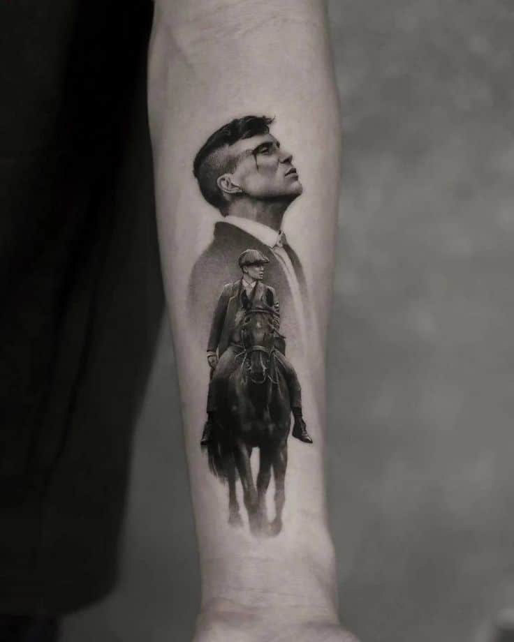 Tattoo of a man in profile and horseback rider on an arm, showcasing intricate detail and shading.