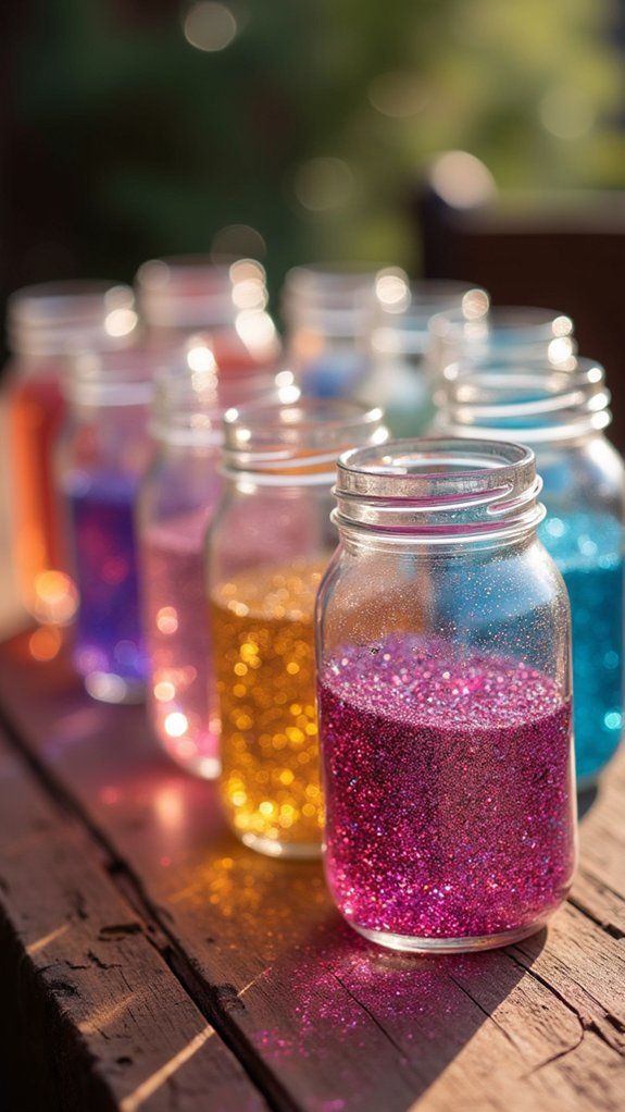 Colorful jars filled with sparkling glitter on a wooden table in the sunlight.