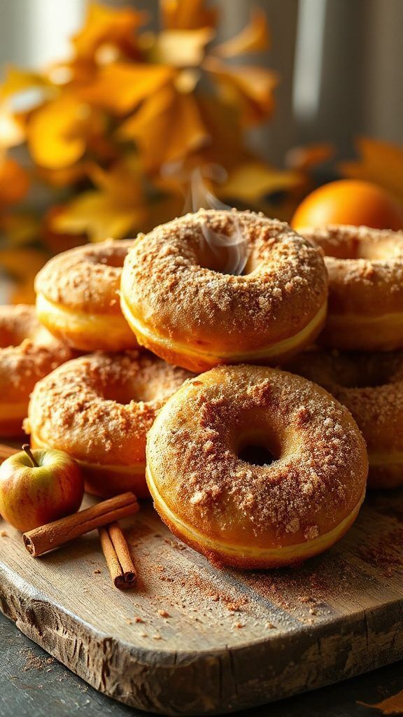 10 Apple Cider Donuts_ Must-Try Autumn Treat Stack of freshly baked cinnamon donuts with apples, styled on a wooden board, perfect for fall treats. | Sky Rye Design Stack of freshly baked cinnamon donuts with apples, styled on a wooden board, perfect for fall treats.
