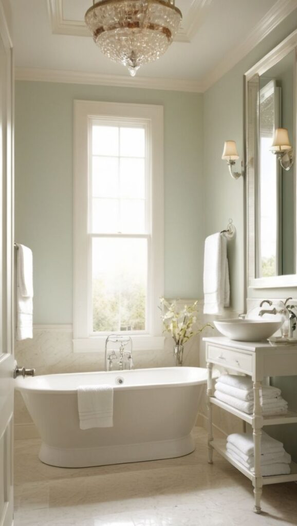 10 Beautiful luxury guest bathroom ideas Ideas For 2025 Elegant bathroom with freestanding tub, chandelier, and soft lighting, creating a serene spa-like atmosphere. | Sky Rye Design Elegant bathroom with freestanding tub, chandelier, and soft lighting, creating a serene spa-like atmosphere.