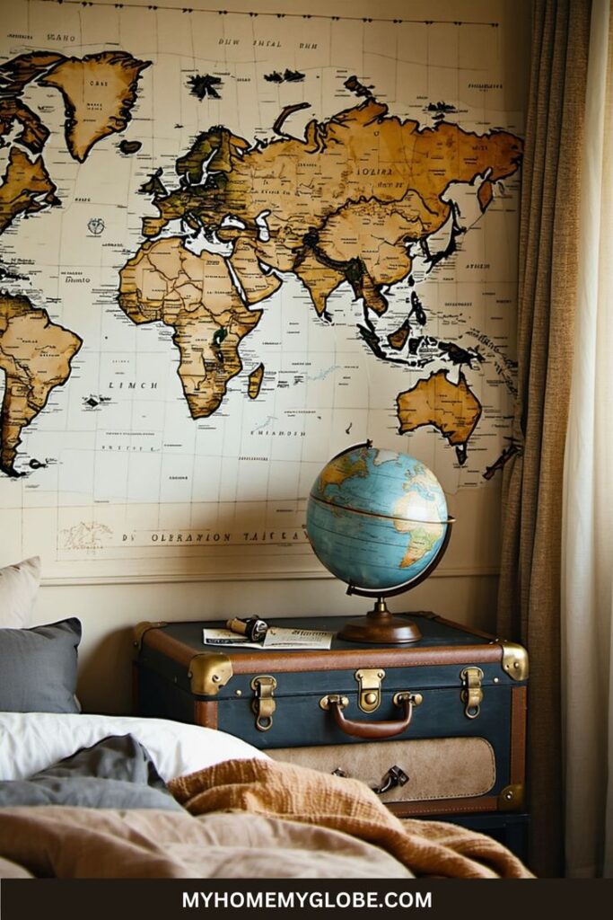 Vintage world map and globe on a suitcase in a cozy, travel-themed bedroom.