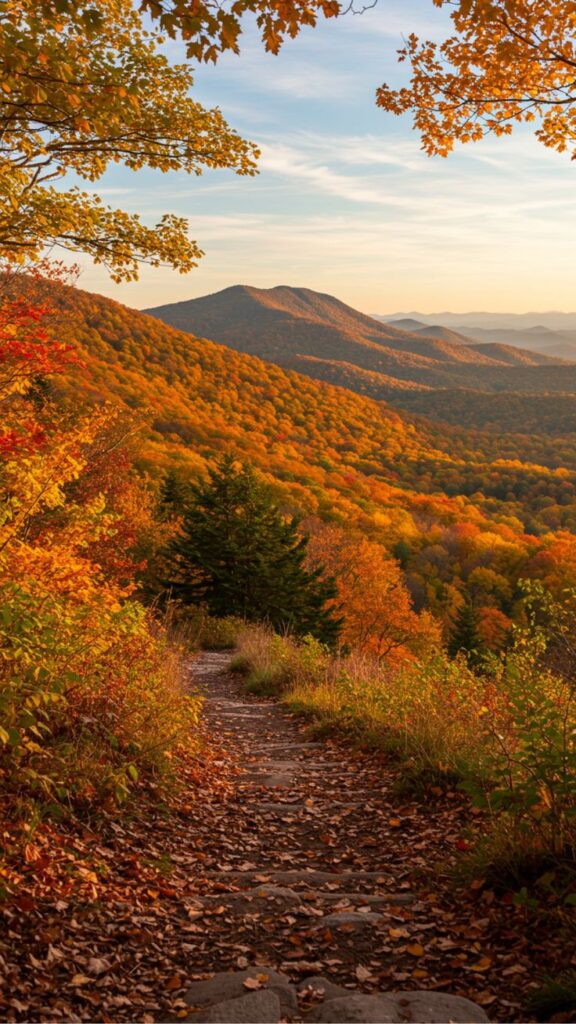 10 Best National Parks for Fall Foliage Viewing Scenic autumn mountain landscape with a leaf-covered path winding through colorful trees under a clear blue sky. | Sky Rye Design Scenic autumn mountain landscape with a leaf-covered path winding through colorful trees under a clear blue sky.