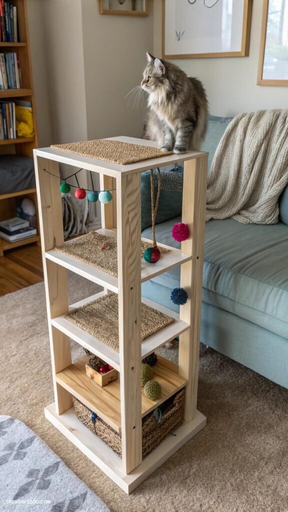 10 Coolest DIY Cat Scratchers That Will Keep Your Feline Busy Especially 7 Cozy cat on multi-level wooden tower with toys in living room. Ideal cat furniture for playtime and relaxation. | Sky Rye Design Cozy cat on multi-level wooden tower with toys in living room. Ideal cat furniture for playtime and relaxation.