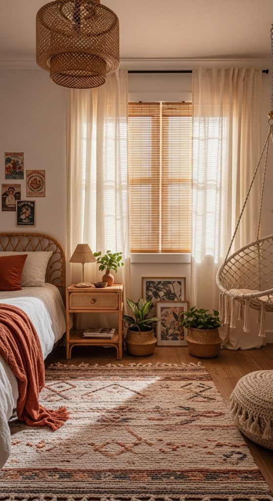 Cozy bohemian bedroom with wicker furniture, plants, and natural light filtering through sheer curtains.