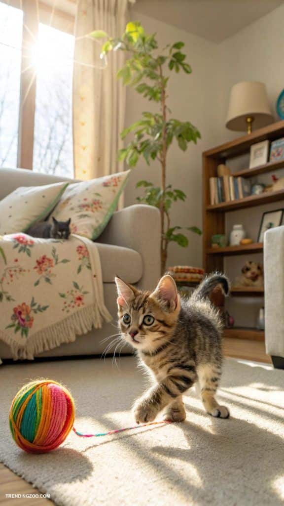 10 DIY Cat House Ideas to Keep Your Feline Friends Cozy and Happy Playful kitten with yarn ball in sunny room, cozy interior with plant and couch in the background. | Sky Rye Design Playful kitten with yarn ball in sunny room, cozy interior with plant and couch in the background.