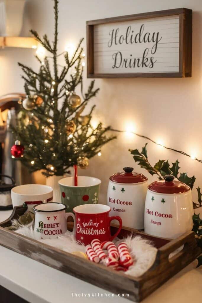 Festive holiday drinks station with hot cocoa jars, Christmas mugs, and candy canes on a tray beside a lit tree.