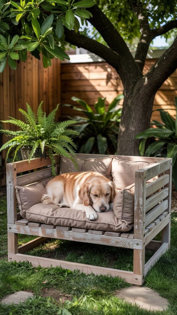 10+ DIY Dog Bed Designs That Slide Under a Console Table Golden retriever sleeping on cushioned outdoor bench under tree in garden. | Sky Rye Design Golden retriever sleeping on cushioned outdoor bench under tree in garden.
