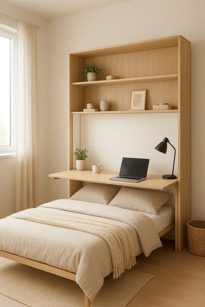Minimalist bedroom with a wooden Murphy bed, laptop on desk, and cozy decor.