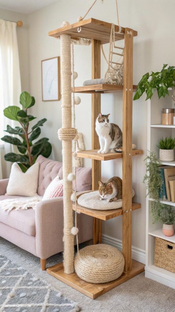 10 Insanely Cool DIY Cat Tower Ideas To Make Your Kitty Purr with Joy Love 5 Modern wooden cat tree with two cats in a cozy living room with plants and sofa. | Sky Rye Design Modern wooden cat tree with two cats in a cozy living room with plants and sofa.