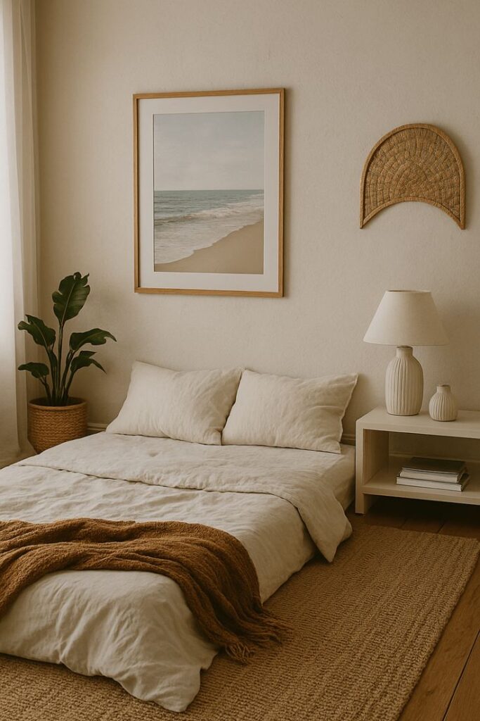 Cozy minimalist bedroom with beige linens, beach artwork, and warm lighting for a tranquil vibe.