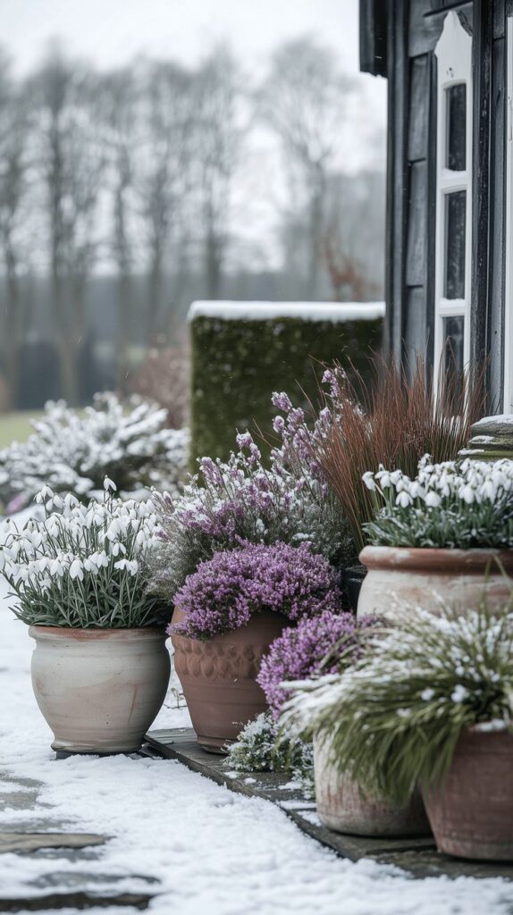 Potted snowdrop and heather plants covered in snow by a house, with a wintery garden backdrop.