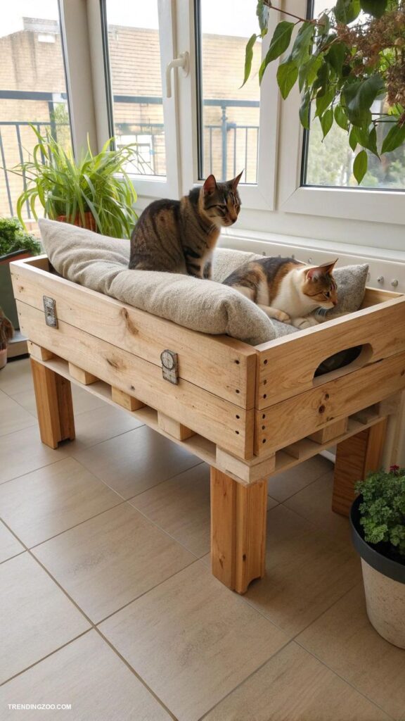 10 Purrfect DIY Projects for Cats You Never Knew Existed Two cats lounging on a cozy cushion in a wooden bed by a window, surrounded by lush indoor plants. | Sky Rye Design Two cats lounging on a cozy cushion in a wooden bed by a window, surrounded by lush indoor plants.