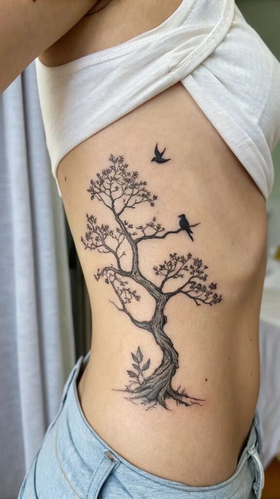 Side tattoo of a detailed tree with two birds in flight, on a person's rib area wearing a white top.