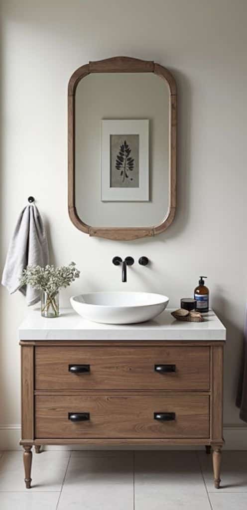 Stylish bathroom with wooden vanity, oval mirror, round sink, and decorative plant. Elegant, modern design.