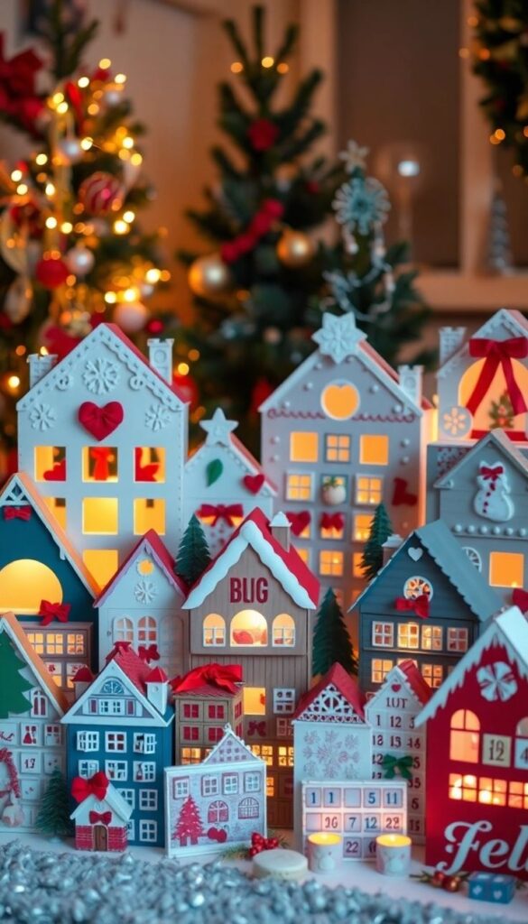 10 Unique DIY Advent Calendars Thatll Make Your Countdown to Christmas Unforgettable Festive Christmas village scene with lit miniature houses and decorated trees in the background. | Sky Rye Design Festive Christmas village scene with lit miniature houses and decorated trees in the background.