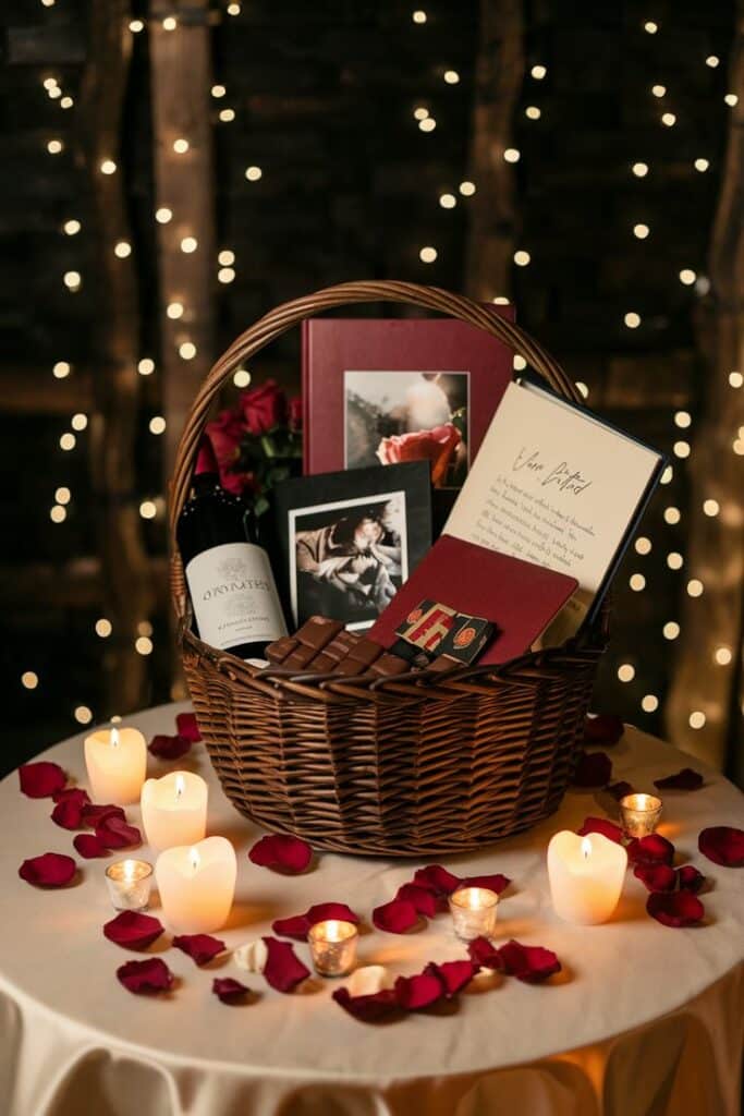 10 Valentine Gift Basket Ideas to Make Your Boyfriend Feel Like a King Romantic gift basket with wine, chocolates, and photos, surrounded by candles and rose petals on a table. | Sky Rye Design Romantic gift basket with wine, chocolates, and photos, surrounded by candles and rose petals on a table.