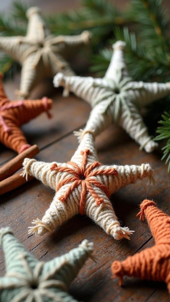 10 Yarn Wrapped Star Ornaments to Try This Season_ Rustic yarn-wrapped star ornaments on wooden table, with pine sprigs in background, perfect for festive decoration. | Sky Rye Design Rustic yarn-wrapped star ornaments on wooden table, with pine sprigs in background, perfect for festive decoration.