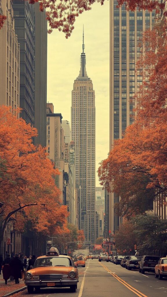 100+ Cozy Fall Wallpapers to Warm Your Screen Iconic skyscraper view in autumn, framed by colorful trees, with a classic taxi on a bustling city street. | Sky Rye Design Iconic skyscraper view in autumn, framed by colorful trees, with a classic taxi on a bustling city street.