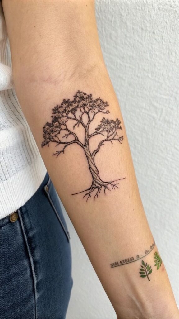 Detailed tree tattoo on forearm, showcasing intricate branches and roots in black ink design.