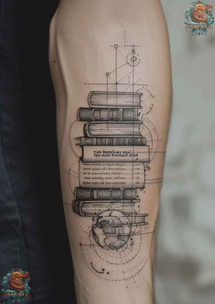 106 Classical Art-Inspired Tattoos You Never Knew You Needed Until Now Tattoo of books and geometric design on arm, featuring globe and intricate line patterns. | Sky Rye Design Tattoo of books and geometric design on arm, featuring globe and intricate line patterns.