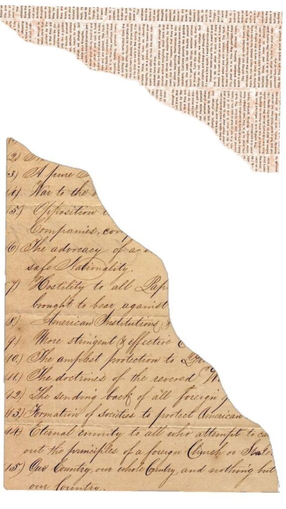 Vintage torn paper with handwritten script and printed text, showcasing historical document fragments.