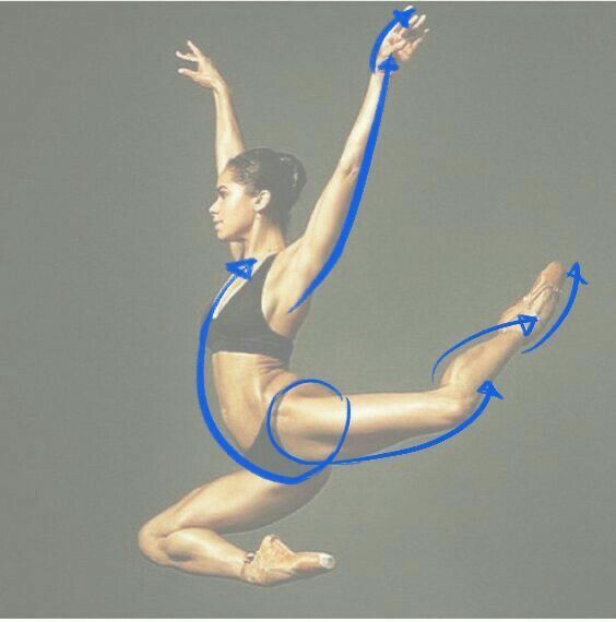 Ballet dancer in mid-air leap with blue arrows highlighting movement and form.