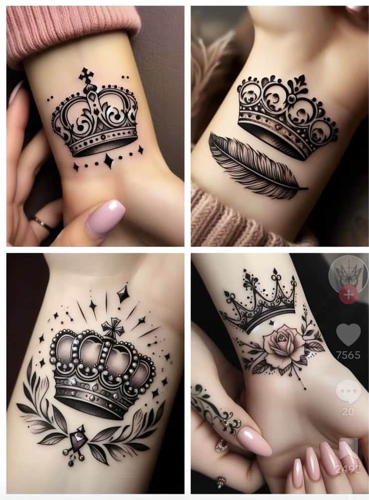 Screenshot Four elegant wrist tattoos featuring crowns with intricate designs, including feathers, roses, and decorative accents. | Sky Rye Design Four elegant wrist tattoos featuring crowns with intricate designs, including feathers, roses, and decorative accents.