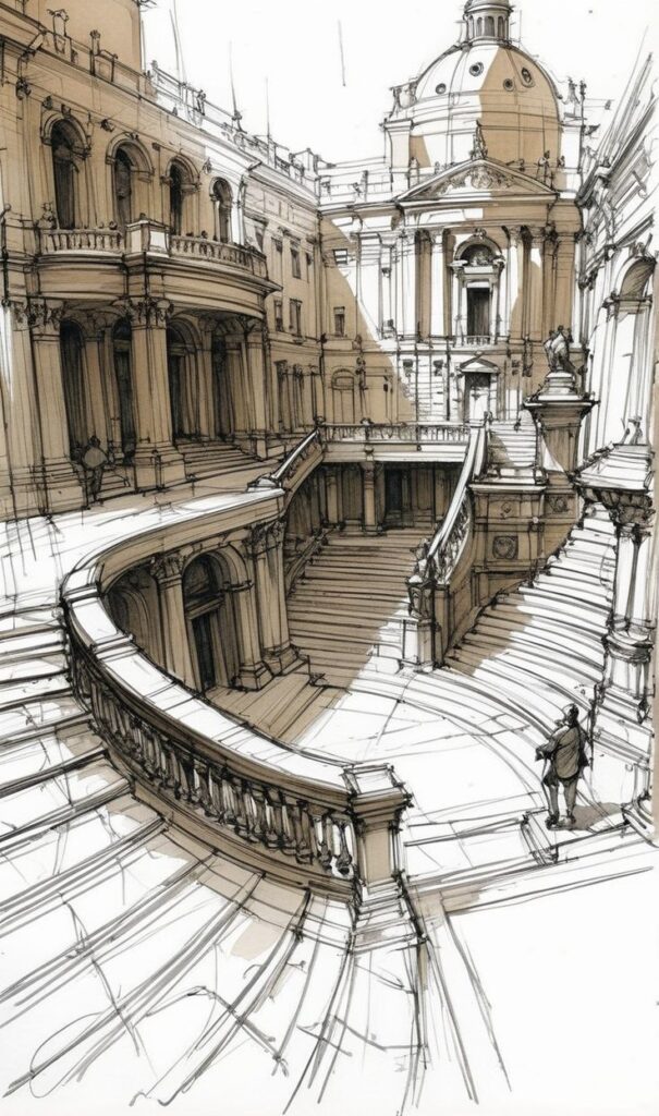 Detailed architectural sketch of a grand staircase and ornate building facade in classical style.