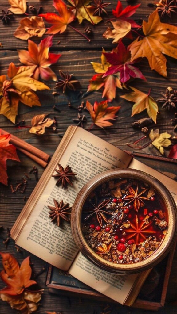 Cozy autumn scene with spiced tea, open book, and colorful leaves on a wooden table, perfect for fall vibes.