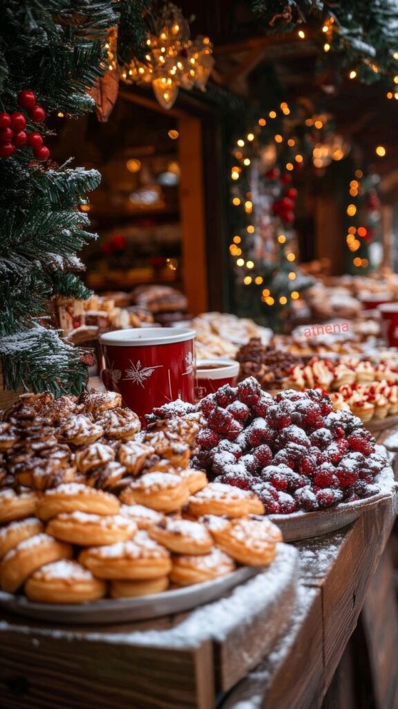 _ 11 Festive holiday market with pastries, berries, and warm drinks, decorated with Christmas lights and greenery. | Sky Rye Design Festive holiday market with pastries, berries, and warm drinks, decorated with Christmas lights and greenery.